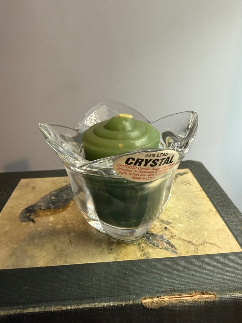 Crystal Glass Candle Holder with Green Spiral Candle